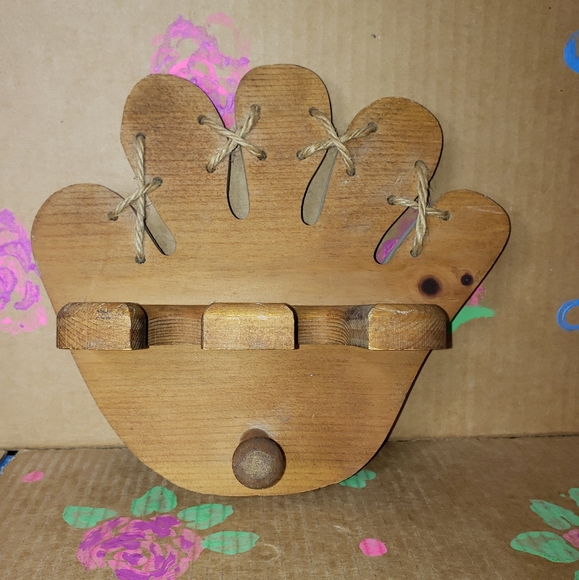 VINTAGE HANDMADE WOODEN BASEBALL GLOVE, BALL, BAT DISPLAY HOLDER - Picture 2 of 7